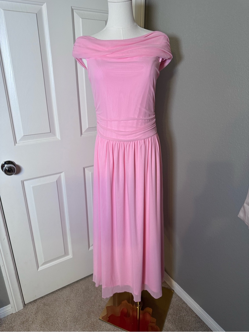 Soft Pink Off-Shoulder Midi Dress with Draped Neckline